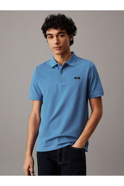 Calvin Klein Men's Light Blue Polo Neck T-Shirt with Brand Logo Organic Cotton K10K 111196 -Ce4