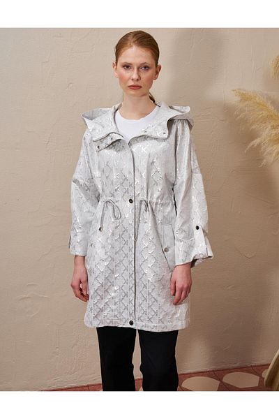 Kayra Gray Waist Gathered Jacquard Trench Coat