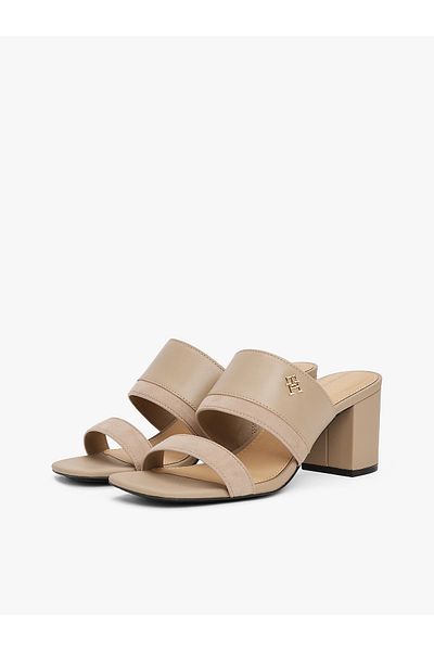 Tommy Hilfiger Women's High Heel Th Logo Double Strap Leather Beige Sandals Fw0Fw08530-Afe