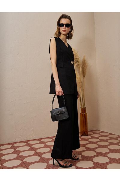 Kayra Double Suit with Metal Accessory Detail Black