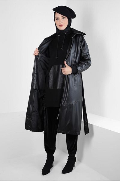 Alvina Hooded Leather Trench Coat 10816
