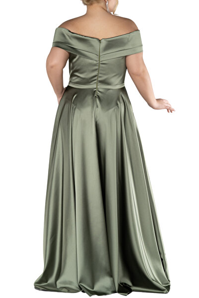 Arden Large Size Satin Evening Dress Khaki Shoulder, Countess Collar, 46-58 Sizes
