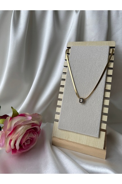 stainles steel Altın Renkli İtalyan Zincirli Dikdörtgen Kenarları Siyah Taş Charmli Kararmaz Çelik Kolye