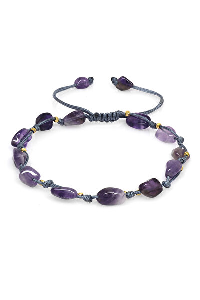 Tesbihane Unisex Macrame Braided Natural Cut Dorica Ball Detailed Amethyst Natural Stone Bracelet