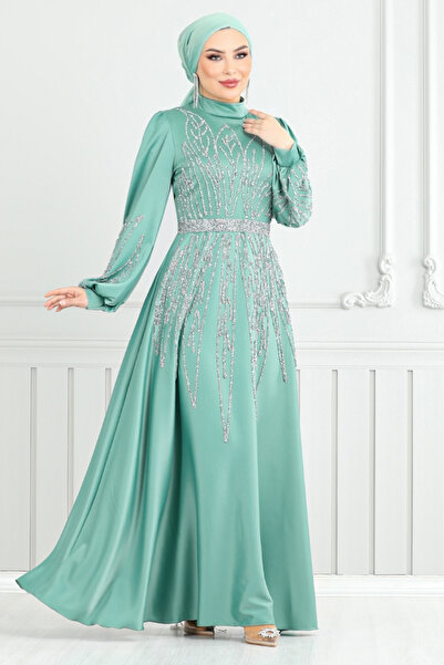 ModaMerve Satin Evening Dress with Stones on the Front 5675End900-M Mint