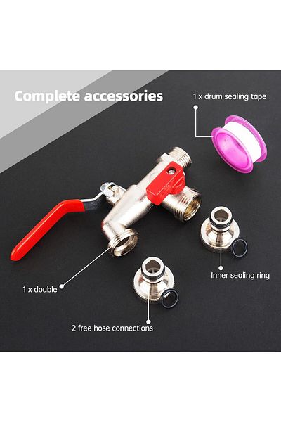 COOYA Double Outlet Tap, with 2 x Free Hose Connections, 1 x Roller Sealing Tape, Brass, Hose Nozzle