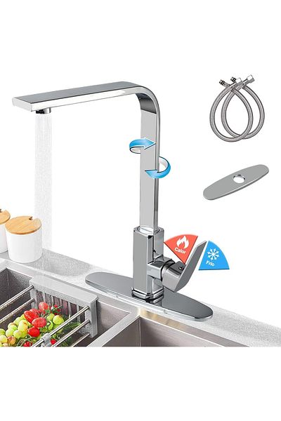 COOYA Kitchen Sink Mixer Tap with 360° Rotatable, Single-Handle High Arc Swan-Neck, With 2 Hose