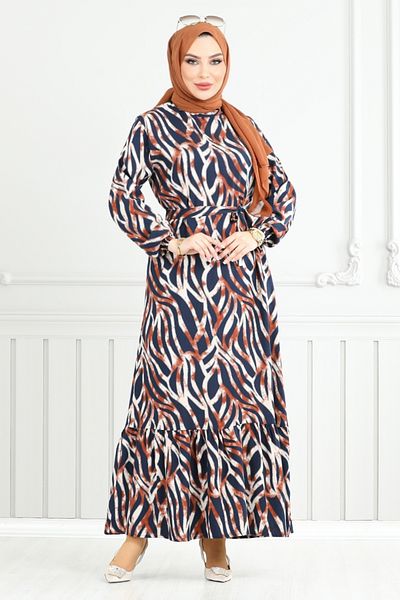 ModaMerve Wave Patterned Viscose Dress - 825Ozr1047-M Tan