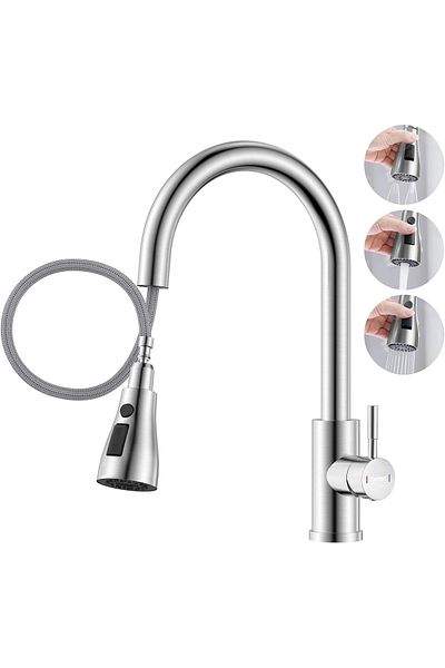 COOYA Kitchen Tap, Brushed Nickel with Pull Down Sprayer 3 Water Modes, Stainless Steel, Single Handle