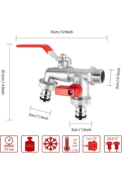 COOYA Garden Double Outlet Tap, 1/2 Inch & 3/4 Inch Ball Valve Double Water Tap Made of Brass, Red