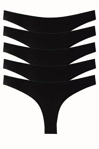 Nicoletta Дамски бикини Brazillian Thong с еластични и лазерни изрезки - Опаковка от 5 черни полиестерни