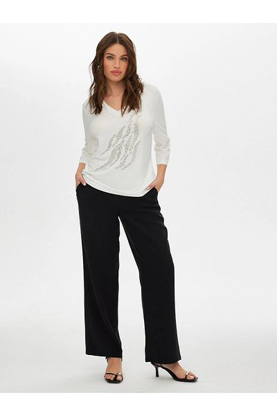 Faik Sönmez Women's V-Neck 3/4 Sleeve Stone Detailed Minimalist T-Shirt