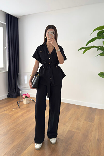 BİRCANÇİL طقم كونيكا كتان بأزرار ذهبية سوداء