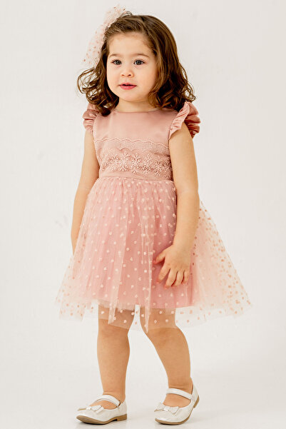 Eray Kids Baby Girl Salmon Evening Dress with Buckle Sleeves Ruffles Lace Embroidered