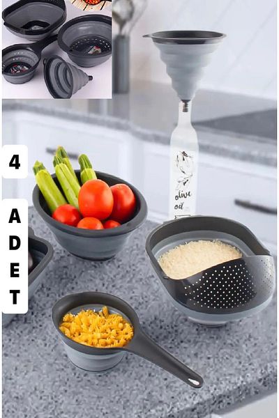 Bayev 4-Piece Kitchen Set Folding Strainer Set Gray - 4-Piece Basin Strainer Accordion Funnel Set