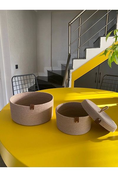 Sevdam Sepet Beige Camel Double Single Lid Basket Set, Cotton Basket Set, Decorative Basket Set, Wicker Basket Set