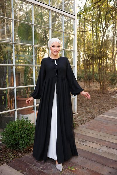 Nissra Black Waist Gathered 3 Piece Hijab Kimono 8024