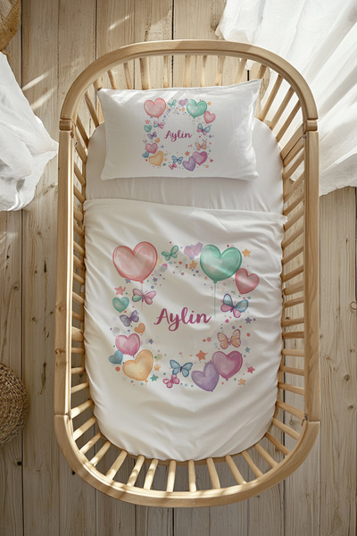 Astral Baby %100 Pamuk Saten Isme Özel Isimli Anne Yanı Beşik Nevresim Takımı...