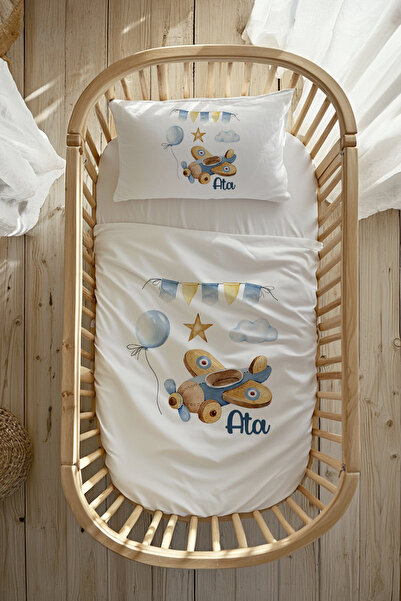 100% Cotton Satin Named Mother's Side Crib Duvet Cover Set (60X100 CM) Wooden Airplane