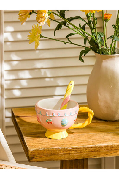 LC Waikiki Sarı Çiçekli Baskılı Seramik Kupa ve Karıştırıcı 320 Ml