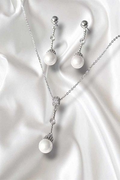 REBORN DESIGN 316L Steel Silver Color Chain Zircon Stone Detailed Dangle Pearl Model Women's Necklace Earring Set