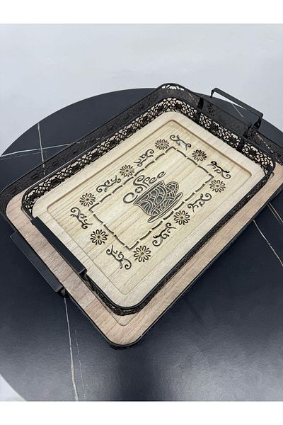 Living Set of 2 rectangular trays, with black steel edges and a wooden glass base.