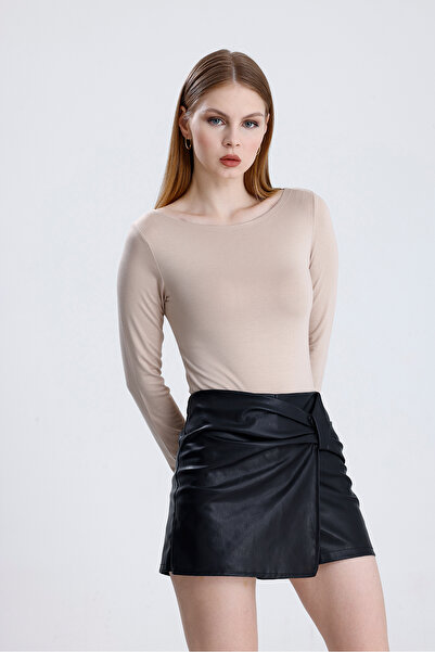 Bukamiss Γυναικεία Κρεμ μπλούζα με λαιμόκοψη μακρυμάνικη