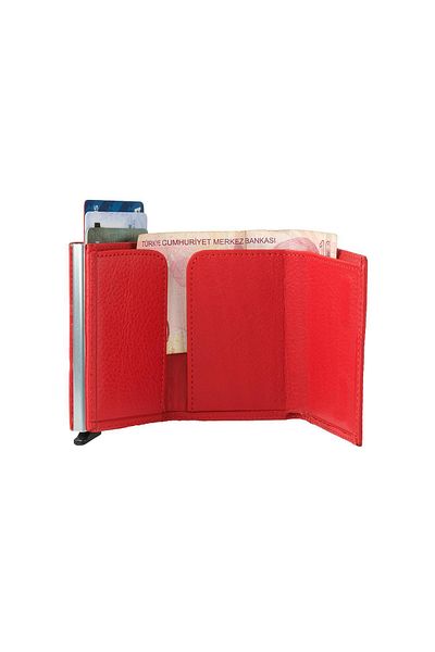 Bagacar Red Unisex Genuine Leather Mechanized Automatic Sliding Card Holder Wallet