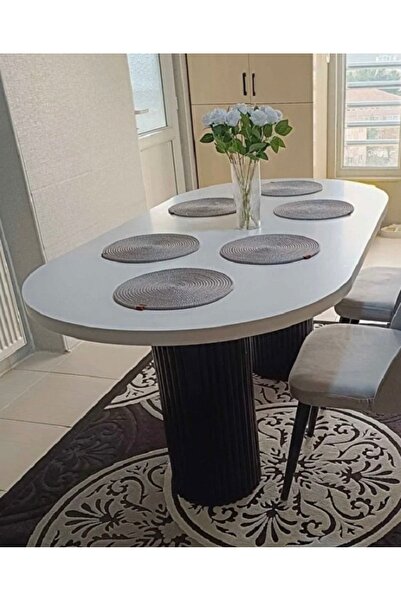 OlcayAksesuar Ada 180x90x75cm (36MM KALIN KENARLI) Oval Beyaz Sütunlu Yemek M...