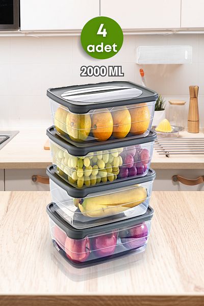 GRİMOR Life 4-Piece Air-Free Food Fruit and Vegetable Freezer Storage Container - Refrigerator Organizer 2000 ml