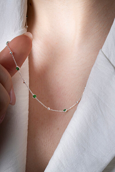 Elika Silver 925 Ayar Gümüş Zirkon Taşlı Top Zincir Kolye