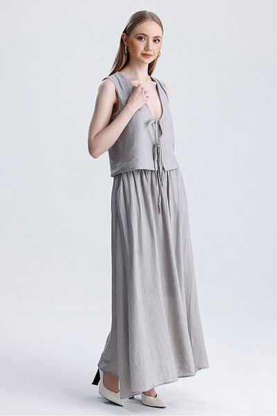 MD trend Women's Tie-Up Vest and Elastic Waist Pocket Lined Bell Skirt Double Summer Set