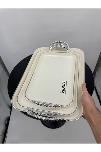 Living 3-piece rectangular tabasi set, beige with a silver touch.