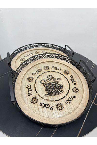 Living Set of 2 round trays with black steel edges and a wooden glass base