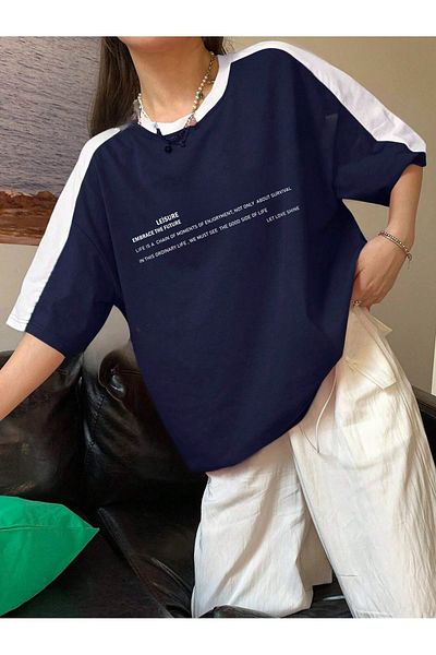 Trendseninle Μπλουζάκι Leisure Future Piece Single Jersey - Navy Blue White Oversize Crew Neck κοντομάνικο μπλουζάκι