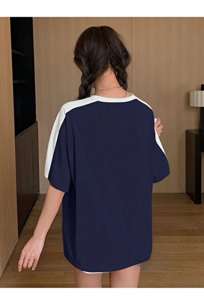 Trendseninle Μπλουζάκι Leisure Future Piece Single Jersey - Navy Blue White Oversize Crew Neck κοντομάνικο μπλουζάκι