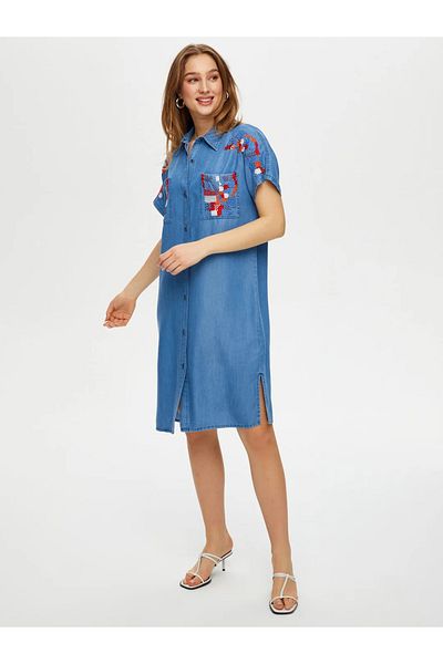Faik Sönmez Rochie Midi din Denim Brodat - Guler Cămașă cu mânecă scurtă - Casual Elegant