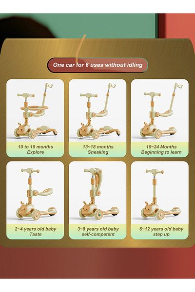 KidLe Kids Scooter 6-in-1 Children's Scooter with Adjustable Seat, Baby Scooter for 1-3-6 Years Boys Girls