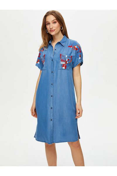 Faik Sönmez Rochie Midi din Denim Brodat - Guler Cămașă cu mânecă scurtă - Casual Elegant