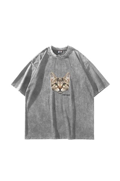 Sekizbiraltı Cat Stay Meow Printed Oversize Unisex Πλενόμενο λευκό μπλουζάκι