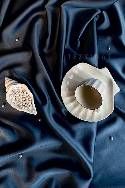 Tezyinat Wood -Istiridye Inci 4 Piece Porcelain Coffee Cup Set for 2 People (Platinum Gilding)