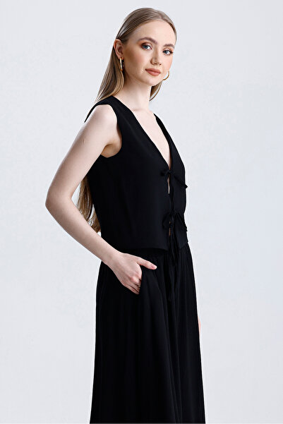 MD trend Women's Tie-Up Vest and Elastic Waist Pocket Lined Bell Skirt Double Summer Set