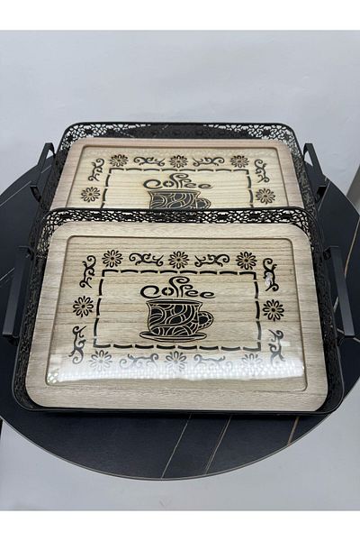 Living Set of 2 rectangular trays, with black steel edges and a wooden glass base.