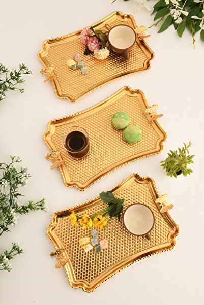 AKSESUAR EVRENİ Fiano Kelebek Petek Model Kelebek Detaylı Sunum Tepsisi 3 Lü Takım