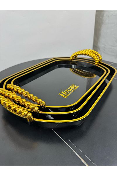 Living 3-piece rectangular tabasi set, elegant black color with a golden touch.