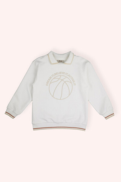 Panço Erkek Çocuk Kol Ve Etek Ucu Bant Detaylı Yakalı Baskılı Ekru Sweatshirt