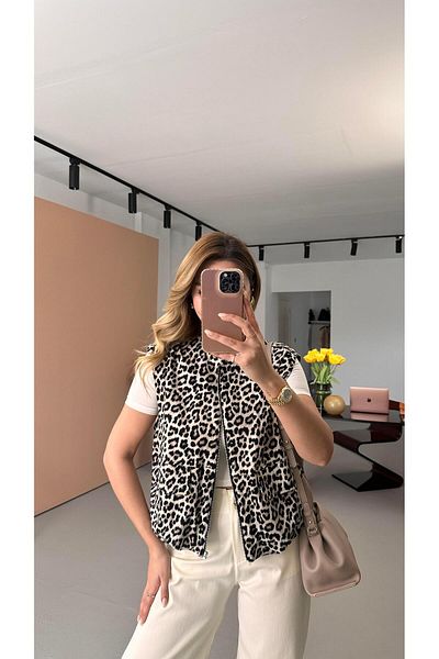 Sezgi Tekin Leopard Bomber Jacket with Detachable Sleeve Detail