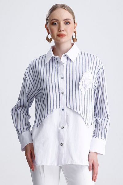 MD trend Women's Rose Detailed Striped Garnished Oversize Poplin Shirt
