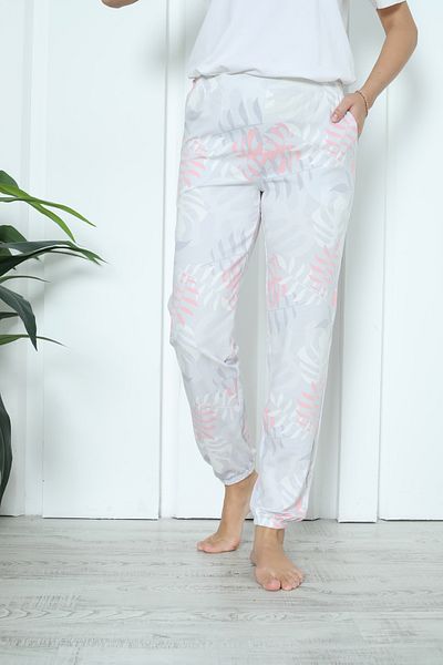Nicoletta Gray Floral Patterned Lycra Women's Pajama Bottoms - Pockets and Ankle Elastics