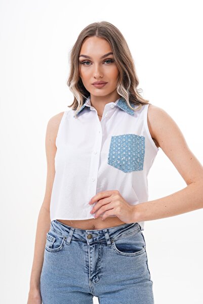 ŞİMAL Women's Lapel Pocket Sequin Embroidery Detailed Sleeveless Short Shirt 250299   -